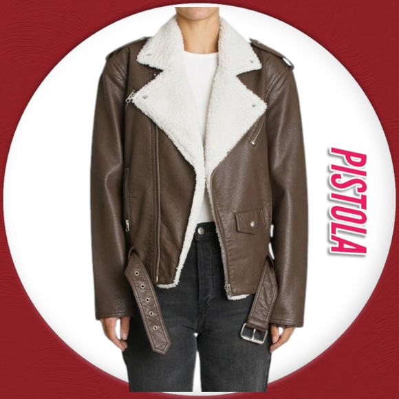 New Pistola Jacket Boyfriend Faux Leather Moto Brown Sz S